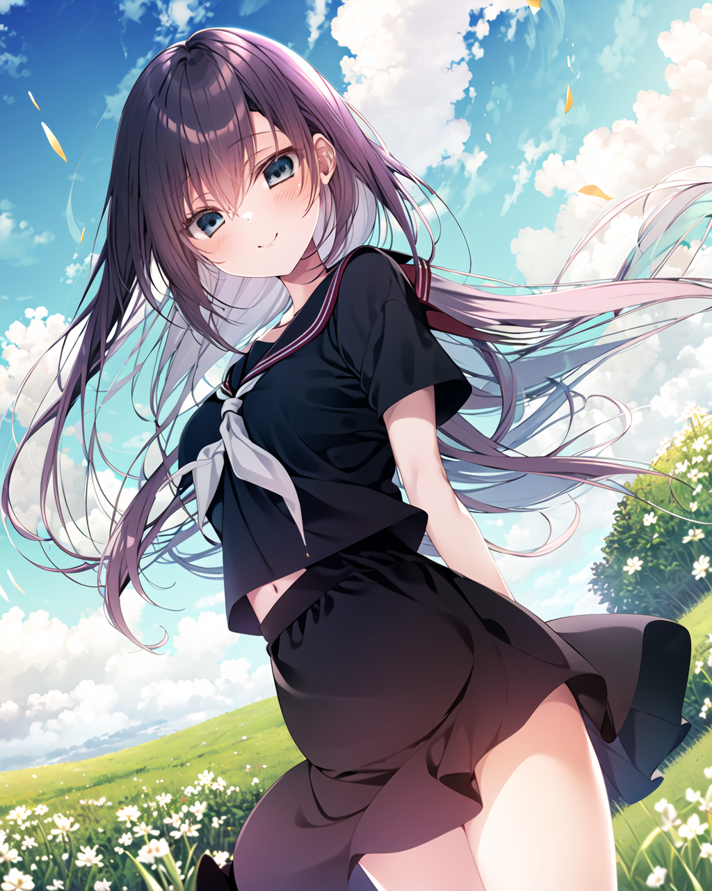 02831-3655209480-masterpiece, best quality, 1girl, solo, outdoors,blush, looking at viewer, serafuku, smile,grass,bangs,sky, blue sky, cloud, med.png